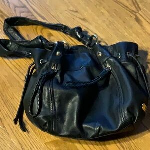 Elegant Black Leather Shoulder Bag with Stunning  Green Lining